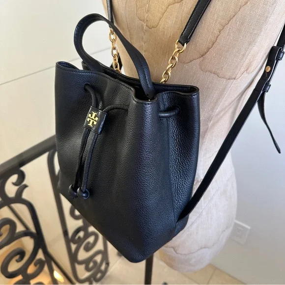 Tory Burch Georgia Leather Backpack Bucket Bag Black Purse - Picture 7 of 9